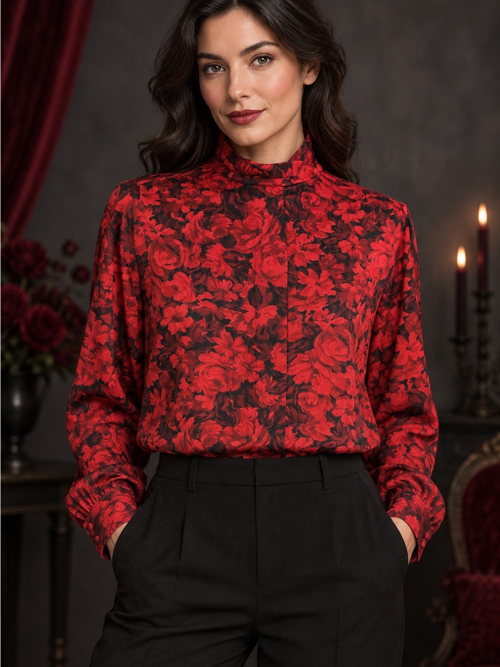 Pendleton Classic Red Black Floral Rayon Mock Neck Long Sleeve Blouse Women’s 12